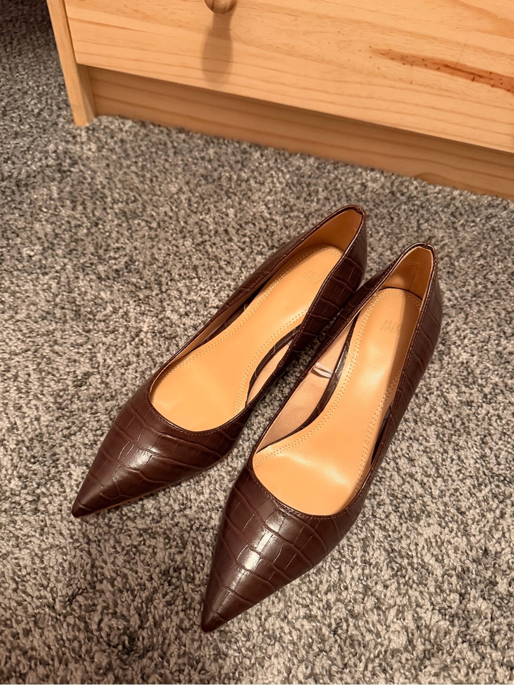 H&M Croc-Embossed Pointed Toe Pumps in Dark Brown